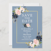 Stoffig Blauw Roze Bloemen Gouden Foto Bewaar de D Save The Date (Voorkant)