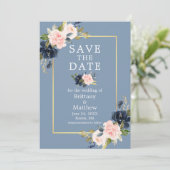 Stoffig Blauw Roze Bloemen Gouden Foto Bewaar de D Save The Date (Staand voorkant)