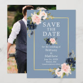 Stoffig Blauw Roze Bloemen Gouden Foto Bewaar de D Save The Date (Voorkant / Achterkant)