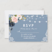 Stoffig Blauw Roze Bloemen Kant String Lights Brui RSVP Kaartje (Voorkant)