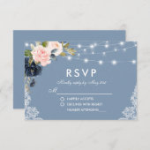 Stoffig Blauw Roze Bloemen Kant String Lights Brui RSVP Kaartje (Voorkant / Achterkant)