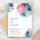 Stoffig Blauw Roze Bloemen Roos bruiloft Save The Date