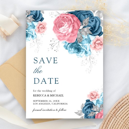 Stoffig Blauw Roze Bloemen Roos bruiloft Save The Date