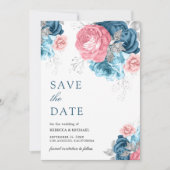 Stoffig Blauw Roze Bloemen Roos bruiloft Save The Date (Voorkant)