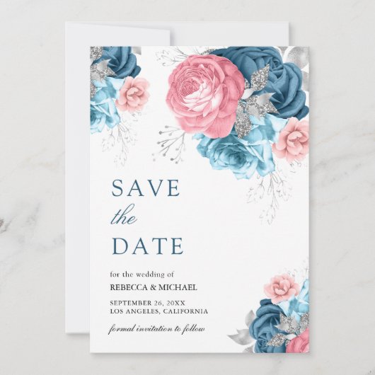 Stoffig Blauw Roze Bloemen Roos bruiloft Save The Date (Voorkant)