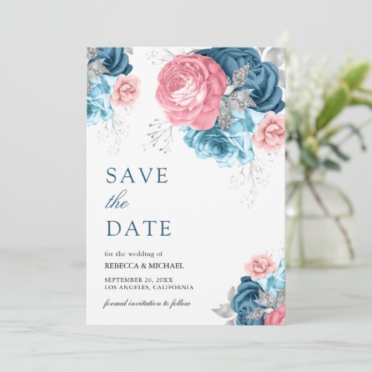 Stoffig Blauw Roze Bloemen Roos bruiloft Save The Date (Staand voorkant)