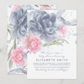 Stoffig Blauw Roze Bloemen Waterverf Baby shower Kaart (Voorkant / Achterkant)