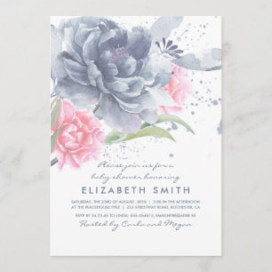 Stoffig Blauw Roze Bloemen Waterverf Baby shower Kaart