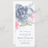 Stoffig Blauw Roze Bloemen Waterverf Trouwprogramm Programmakaart (Voorkant / Achterkant)