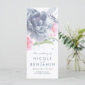 Stoffig Blauw Roze Bloemen Waterverf Trouwprogramm Programmakaart (Staand voorkant)