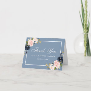 Stoffig Blauw Roze Blush Bloemen Bruiloft Note Bedankkaart