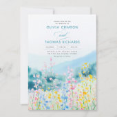 Stoffig Blauw Roze en Gele Wildflowers Wedding Kaart (Voorkant)