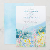 Stoffig Blauw Roze en Gele Wildflowers Wedding Kaart (Voorkant / Achterkant)