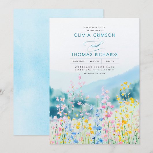 Stoffig Blauw Roze en Gele Wildflowers Wedding Kaart (Voorkant / Achterkant)
