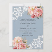 Stoffig blauw roze rozen bloemen kant luxe bruilof kaart (Voorkant)