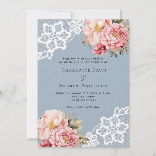 Stoffig blauw roze rozen bloemen kant luxe bruilof kaart (Voorkant)