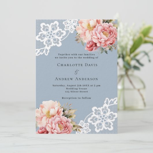 Stoffig blauw roze rozen bloemen kant luxe bruilof kaart (Staand voorkant)