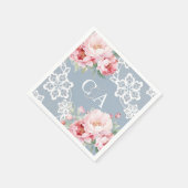 Stoffig blauw roze rozen bloemen monogram bruiloft servet (Hoek)
