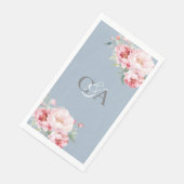 Stoffig blauw roze rozen bloemen monogram bruiloft servet (Hoek)