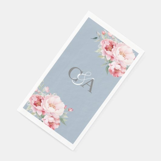 Stoffig blauw roze rozen bloemen monogram bruiloft servet (Hoek)