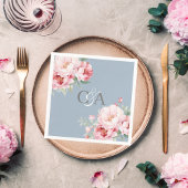 Stoffig blauw roze rozen bloemen monogram bruiloft servet