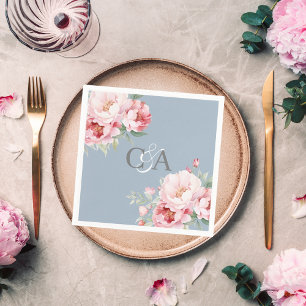 Stoffig blauw roze rozen bloemen monogram bruiloft servet