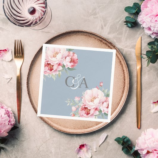 Stoffig blauw roze rozen bloemen monogram bruiloft servet