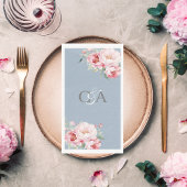 Stoffig blauw roze rozen bloemen monogram bruiloft servet