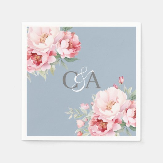 Stoffig blauw roze rozen bloemen monogram bruiloft servet (Voorkant)