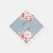 Stoffig blauw roze rozen bloemen monogram bruiloft servet (Hoek)