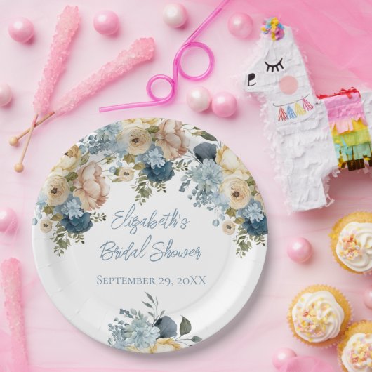 Stoffig Blauw Roze Wit Bloemen Vrijgezellenfeest Papieren Bordje (Feest)