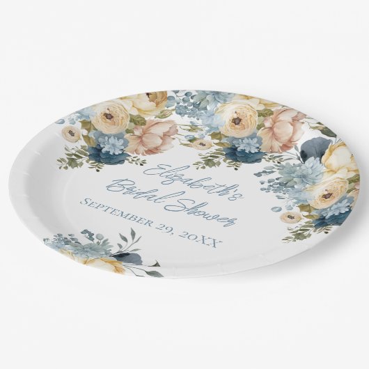 Stoffig Blauw Roze Wit Bloemen Vrijgezellenfeest Papieren Bordje (Gekanteld)