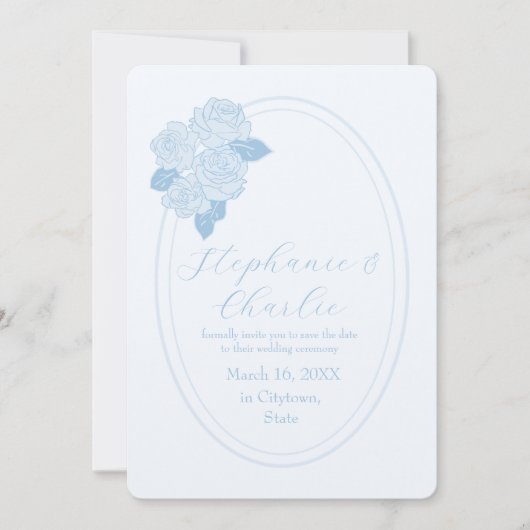 Stoffig Blauw Rozen Bruiloft Bewaar de datum Kaart (Voorkant)