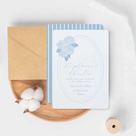 Stoffig Blauw Rozen Bruiloft Bewaar de datum Kaart