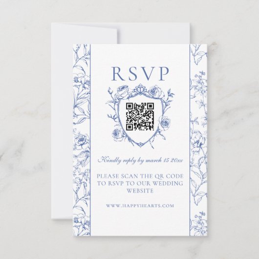 Stoffig Blauw  Rozen Crest Bruiloft QR Code RSVP Kaartje (Voorkant)