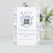 Stoffig Blauw  Rozen Crest Bruiloft QR Code RSVP Kaartje (Staand voorkant)