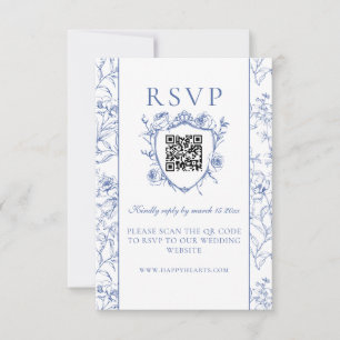 Stoffig Blauw  Rozen Crest Bruiloft QR Code RSVP Kaartje