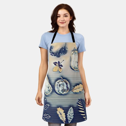 Stoffig blauw Rustic Pumpkin & Autumn Leaf Schort (Gedragen)