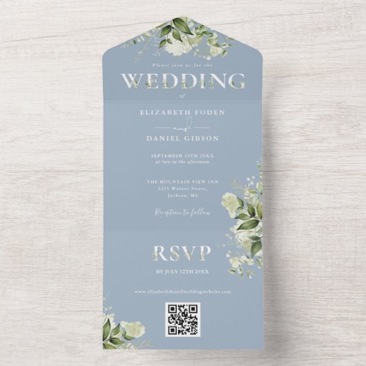 Stoffig Blauw Rustiek Groen QR Code Bruiloft All In One Uitnodiging (Binnen)