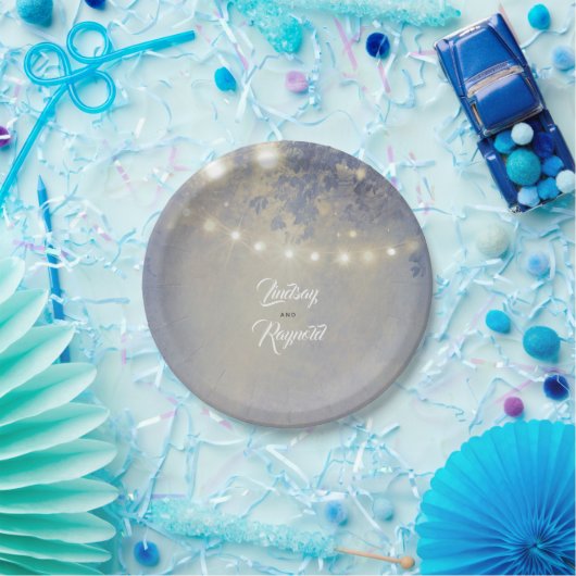 Stoffig Blauw Rustiek String Lights Bruiloft Papieren Bordje (Feest)