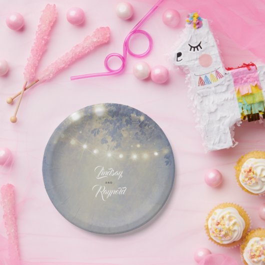 Stoffig Blauw Rustiek String Lights Bruiloft Papieren Bordje (Feest)