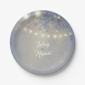 Stoffig Blauw Rustiek String Lights Bruiloft Papieren Bordje (Voorkant)