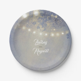 Stoffig Blauw Rustiek String Lights Bruiloft Papieren Bordje