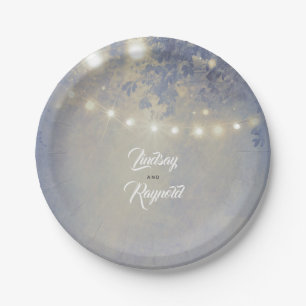 Stoffig Blauw Rustiek String Lights Bruiloft Papieren Bordje