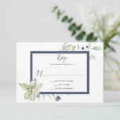 Stoffig Blauw Salie Groen Ingelijste Winter Bloeme RSVP Kaartje (Staand voorkant)