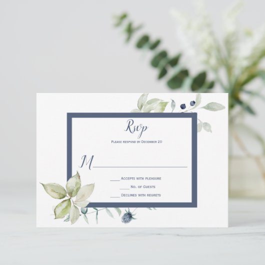 Stoffig Blauw Salie Groen Ingelijste Winter Bloeme RSVP Kaartje (Staand voorkant)