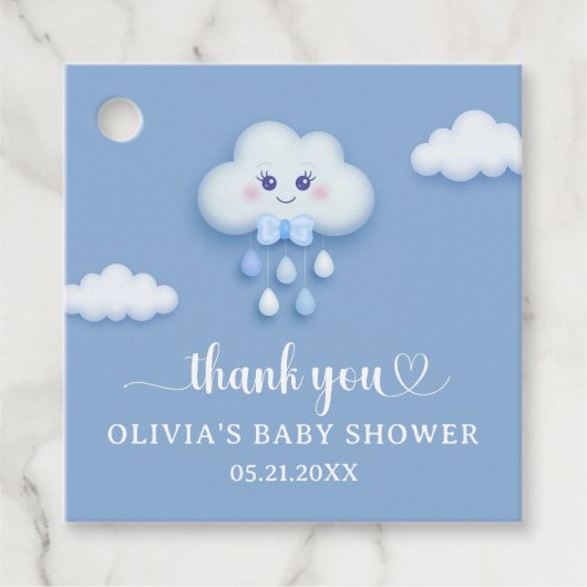 Stoffig blauw schattig wit pluizig wolkje negen jo bedankjes labels (Voorkant)