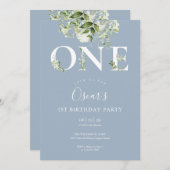 Stoffig Blauw Schattige Bloemengroen 1e Verjaardag Kaart (Voorkant / Achterkant)