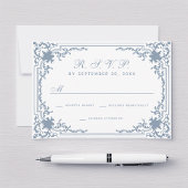  stoffig blauw script elegante witte bruiloft RSVP kaartje