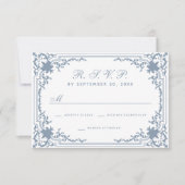  stoffig blauw script elegante witte bruiloft RSVP kaartje (Voorkant)